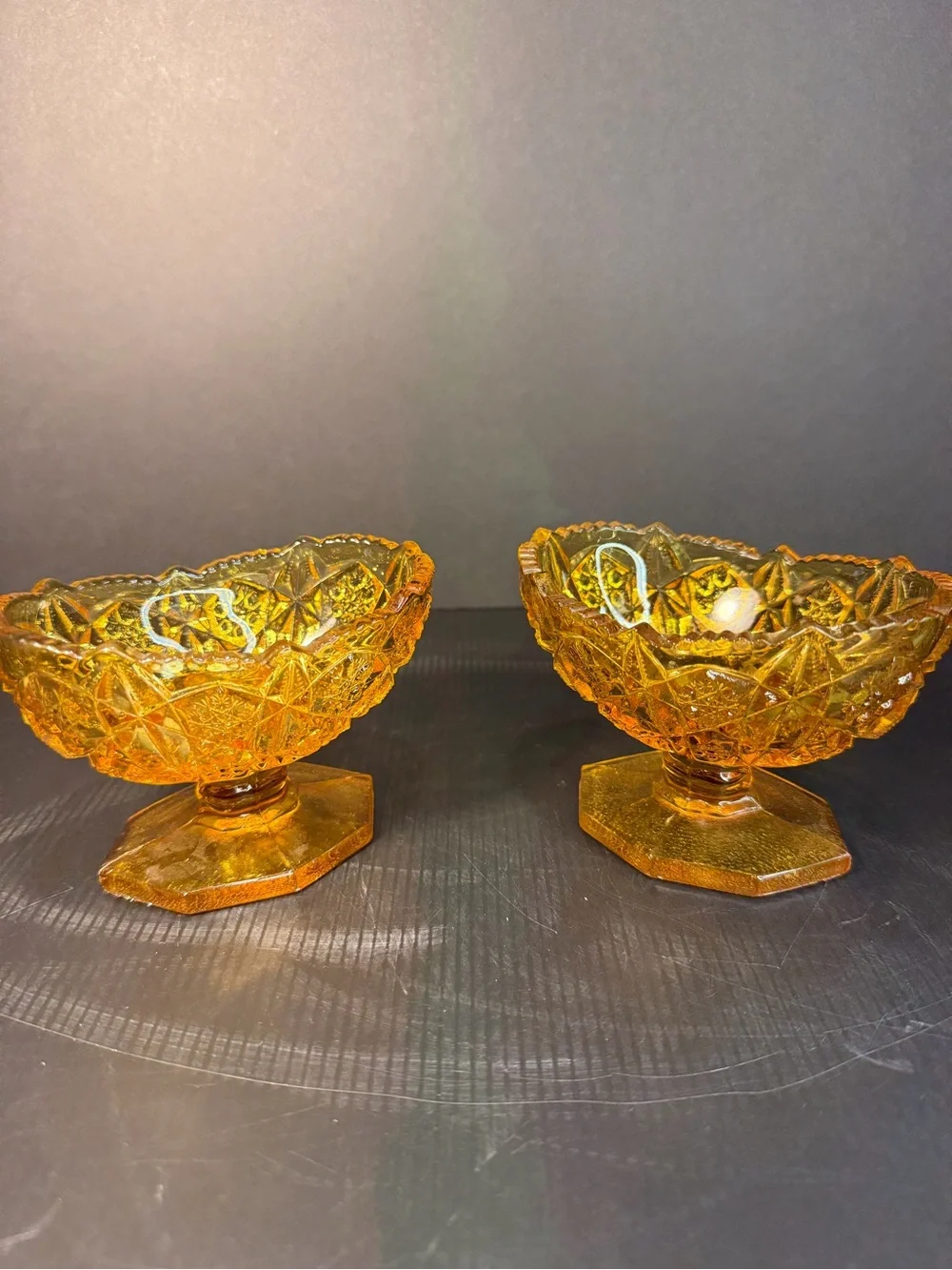 1960 Vintage Kemple Wheaton Amber Glass Toltec Set Compote Dish & Candle Holder